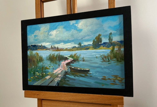 Original Oil Painting Summer River Landscape Quiet flow of the river