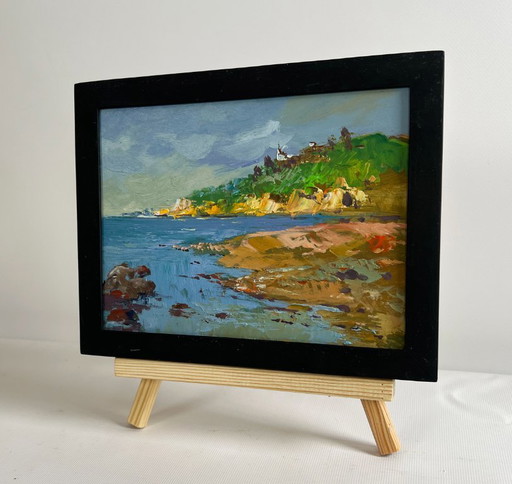 Original Oil Painting Sea Coastal Landscape Silence at the foot of the mountains