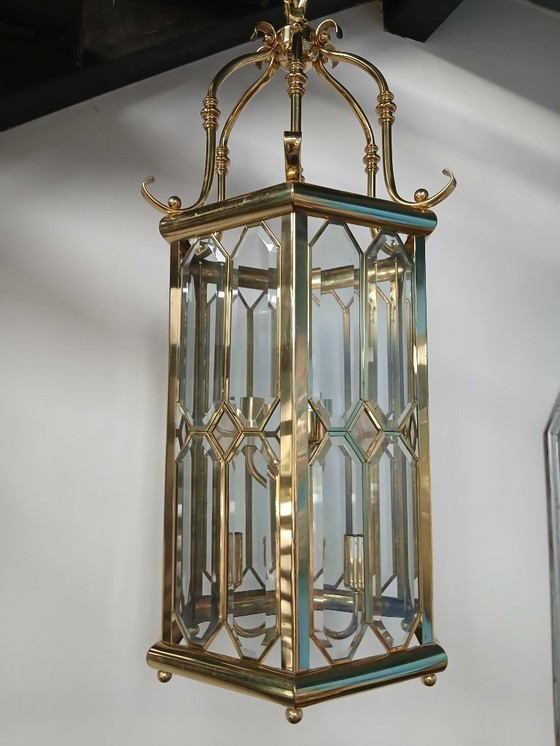 Image 1 of Enorme lanterna a sospensione Lustre Française in vetro Biseauté e Laiton Poli