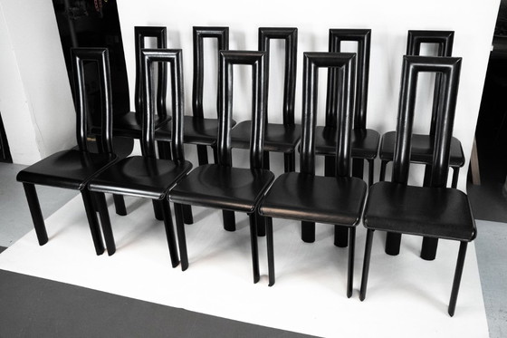 Image 1 of Postmodern Set of ten leather dining chairs by Antonello Mosca for Ycami. Italy 1980s