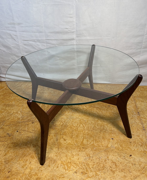 Image 1 of Mid-Century Retro Vintage Teak Coffee Table with Round Glass Top – 1960  In the Style of Adrian Pearsall | Danish Design Influen