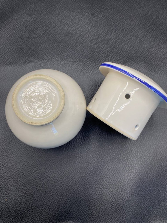 White Porcelain Fresh Cheese Pot, Cobalt Blue Trim, Draining Lid – Decorative Objects (photo 3 of 5)