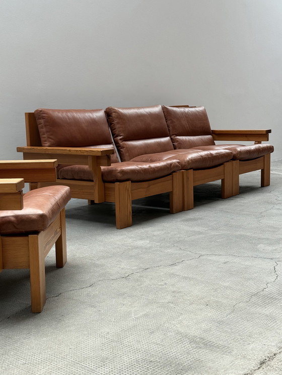 Image 1 of MODULAIRE STOEL SOFA SER PIEF HOUT MASSIEF COGNAC LEATHER IN KARIN MOBRING STIJL, SCANDINAVIA 1970