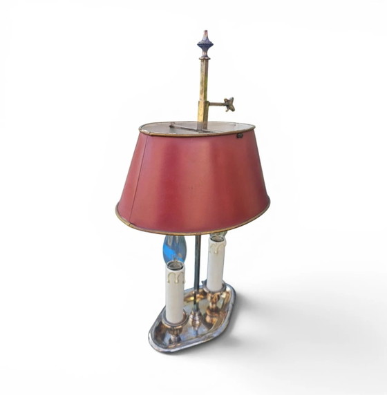 Vernickelte Bouillotte-Lampe mit 2 Kerzenhaltern und rotem Zinnschirm / Mid-Century – Tischlampen (photo 5 of 9)