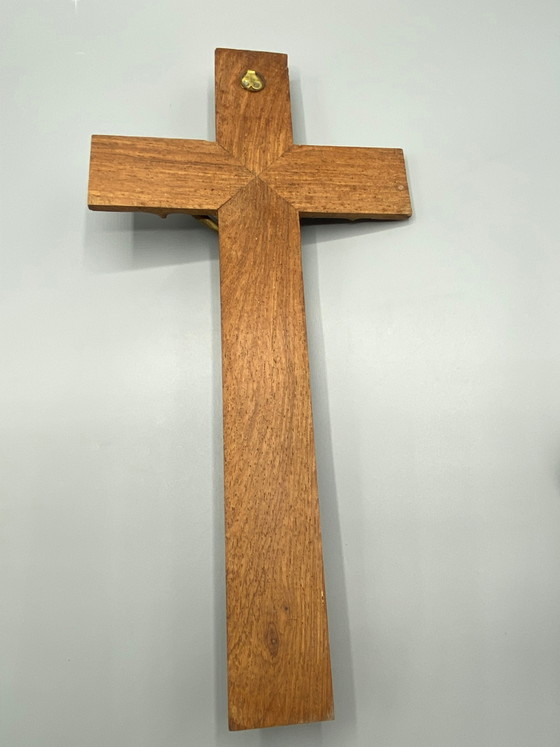 Eikenhouten en verguld messing wandkruisbeeld – Christusfiguur – Decoratieve objecten, Brass (photo 4 of 6)