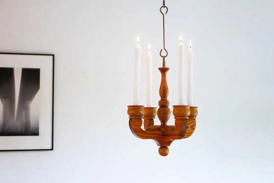 Image 1 of Bougeoir lustre suspendu rustique en bois de Smålandsslöjd, Suède, 1975