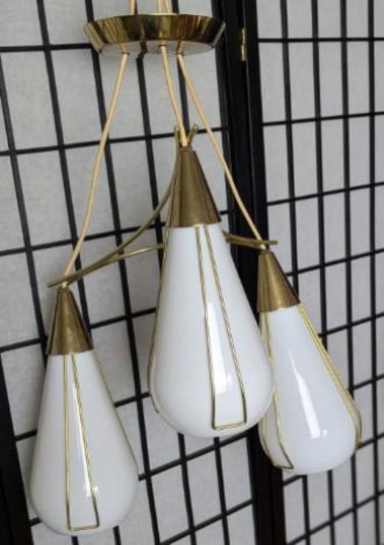 Image 1 of 1960s Mid Century Modern Pendant Chandelier by Moe Light Brass & Glass