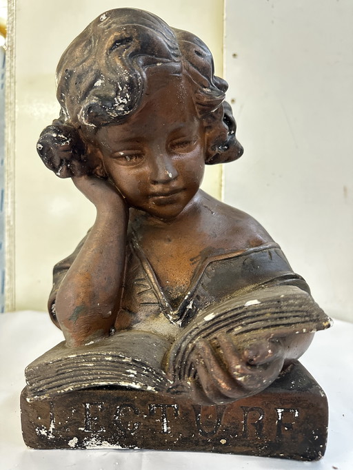 LA LISEUSE plaster bust of a girl reading book 1930s