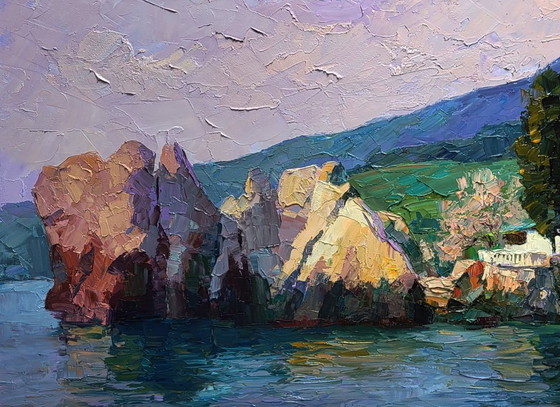 Original Oil Painting Seascape Rocks House On The Beach Morning At Sea – Paintings & Drawings, Canvas (photo 4 of 7)