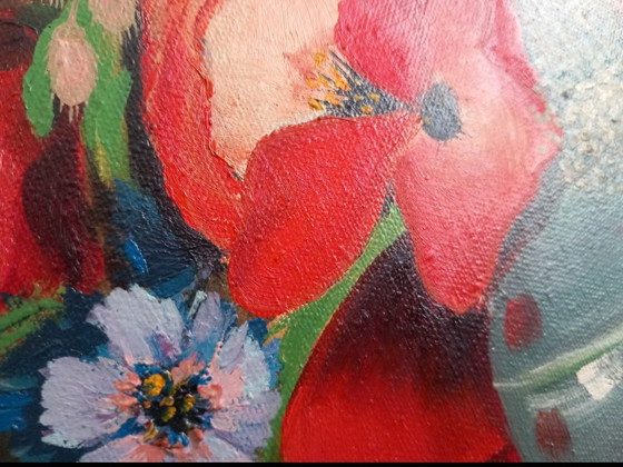 Image 1 of 🌸 Superb Oil on Canvas "Bouquet of Poppies" - Signed EMY & Dated 1980
