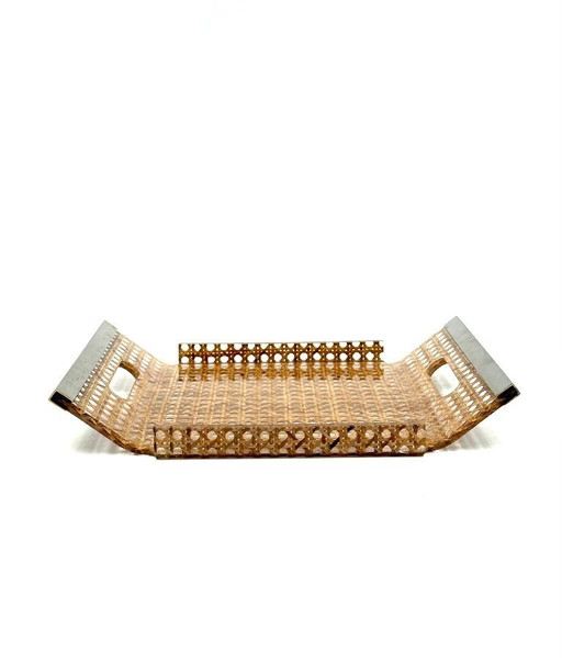 Hollywood regency plexiglass and Vienna straw tray / vide poche, Christian Dior France ca. 1980