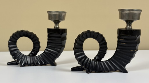 2 chandeliers vintage Chapman en bronze chromé noir et corne