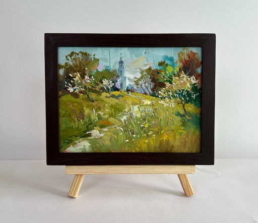 Original Oil Painting Summer Road Landscape The road to the church