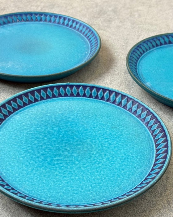 Image 1 of 6 dessertbordjes van Ceramano West-Duitsland in de kleur "Argus Blue".