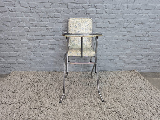 Charmante chaise haute vintage pour enfant – Style Brabantia, revêtement fleuri et Formica bleu clair