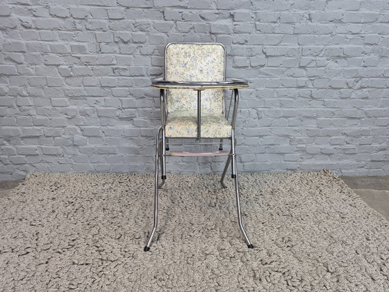 Image 1 of Charmante chaise haute vintage pour enfant – Style Brabantia, revêtement fleuri et Formica bleu clair