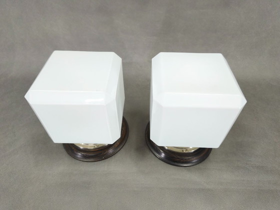 Image 1 of Pair Art Deco Nickel Wall Lights with Milky Glass, 1930s