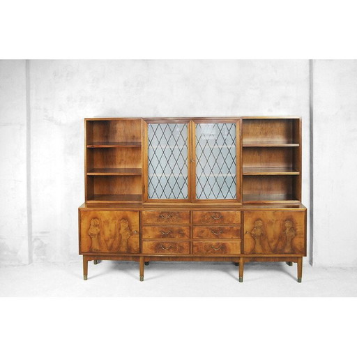 Credenza vintage in radica di noce con vetrina, Svezia 1940