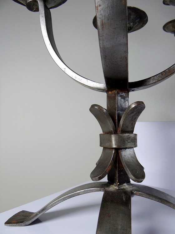 Image 1 of Pair of Massive Brutalist Wrought Iron 4-Light Vintage Candlesticks