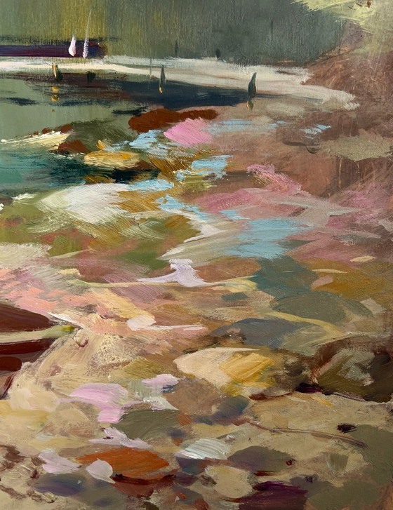Image 1 of Original Oil Painting Sea Coastal Landscape Harbor at the foot of the hills