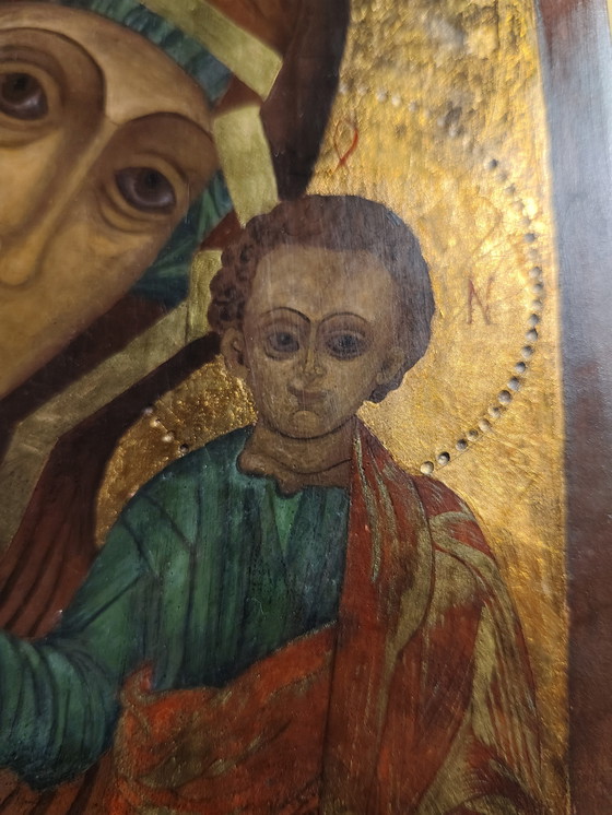 Image 1 of Icona russa "Madonna col Bambino" – dipinta a mano su legno, fondo oro, XX secolo
