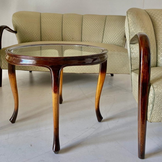 Image 1 of 1x Französischer Art-Deco-Couchtisch aus den 1930er Jahren, Buchenholz & Glas, geschwungenes Design
