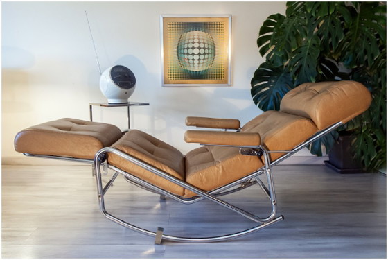 Image 1 of Fauteuil relax Lama 70's, chrome et simili cuir, repose pied repliable
