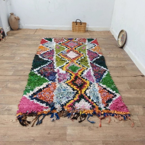 Image 1 of Boucherouite-Teppich, mehrfarbig – Recyceltes Textil, handgewebt, Boho-Chic (250×145 cm)