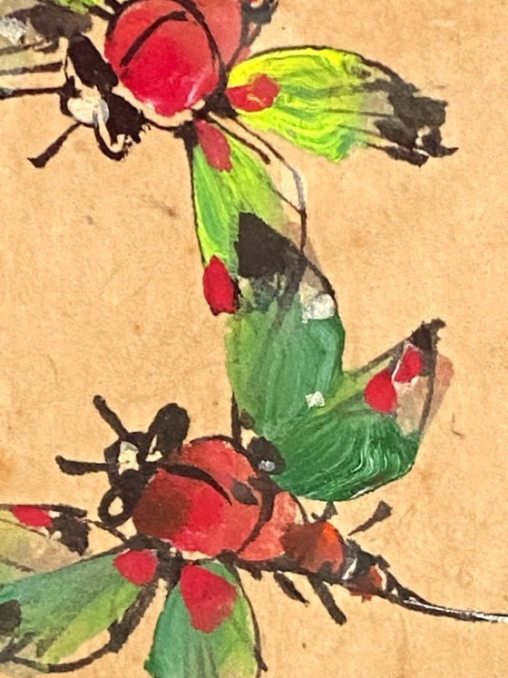 Image 1 of Dessin Aquarelle Polychrome Libellules Akitsu Dragonfly Japon 1950 Art Encadré