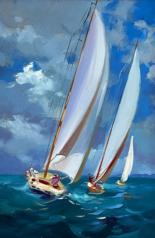 Peinture à l'huile originale, paysage marin, vagues, yachts, voiliers en mer