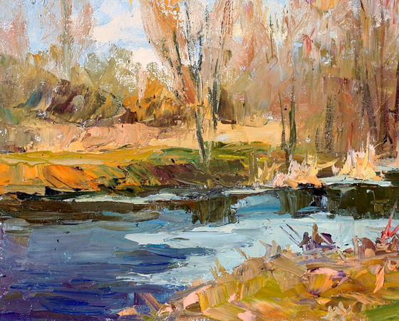 Origineel Schilderij Natuurlandschap Late Herfst Het Eerste IJs – Schilderijen & Tekeningen, Canvas (photo 6 of 7)