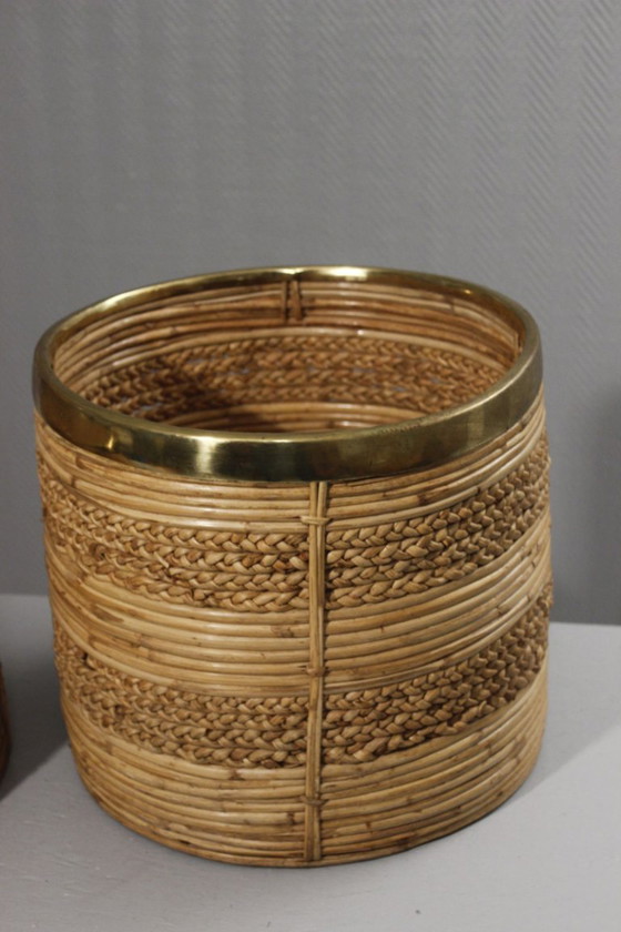Image 1 of Coppia di grandi fioriere vintage in rattan e ottone disegnate da Gabriella Crespi negli anni '60