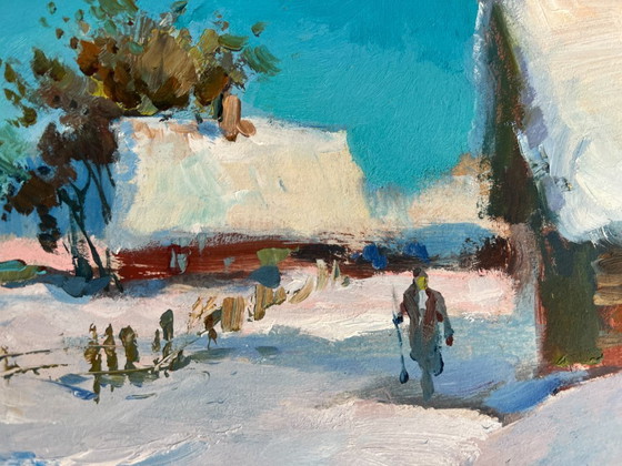 Image 1 of Dipinto ad olio originale Paesaggio di un villaggio innevato Spalare la neve dal cortile