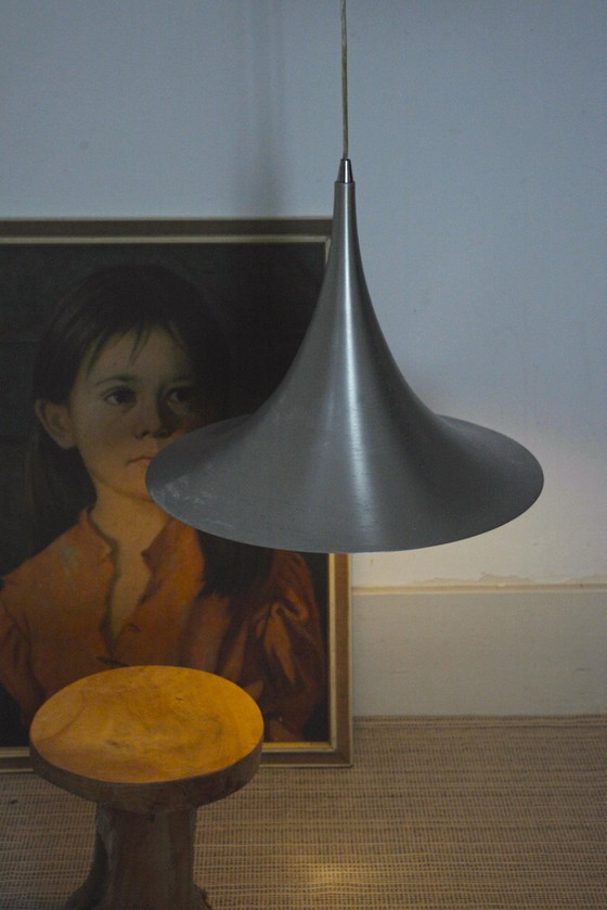 Trumpet Ceiling Lamp Mid Century Modern Tulip Witch Hat Large Vintage Pendant Light Brushed Aluminium Metal (photo 21 of 22)