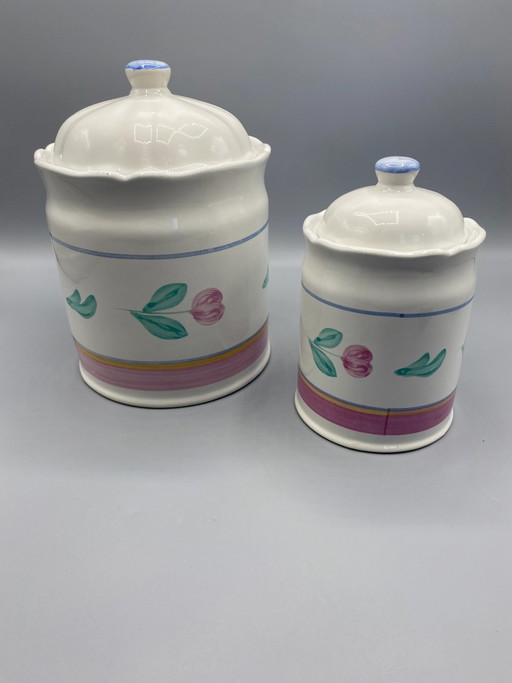 Set di 2 Barattoli Contenitori Vintage in Maiolica – Decorazione Floreale – Circa