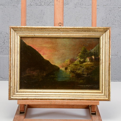 Miniatuur zonsondergang schilderij van Umberto Franciosi, vroege jaren 1900