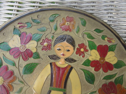 Mid century Enamelled Metal Folk Art Wall Plate - young girl and floral design - diam. 20 cm