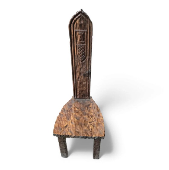 Brutalist primitive hall chair / hand-carved from solid wood and detailed with beautiful gouge woodwork (photo 2 of 9)