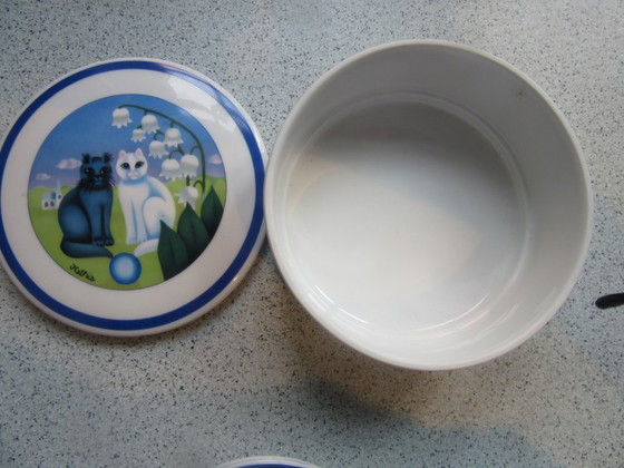 Ensemble de 4 plateaux à bijoux Arzberg Germany avec pot à couvercle, motif chat par Kathia. Vintage (photo 8 of 17)