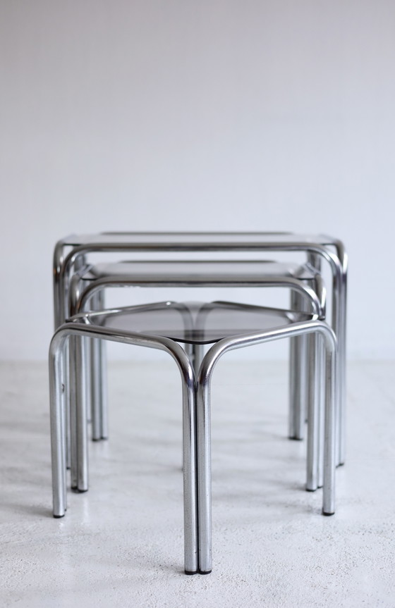 Set of Three Vintage Nesting Side tables Chrome/Smoked Glass (photo 4 of 6)