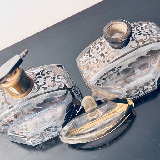 Coffret à parfum Art Déco - verre cristal avec revêtement argenté - 2 pièces