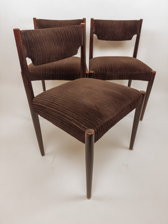 Image 1 of 3x Vintage teak dining chairs with brown upholstery