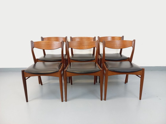 Image 1 of Set of 6 vintage Danish Scandinavian chairs by Aerthoj Jensen & Molholm in teak and skai from the 1960s
