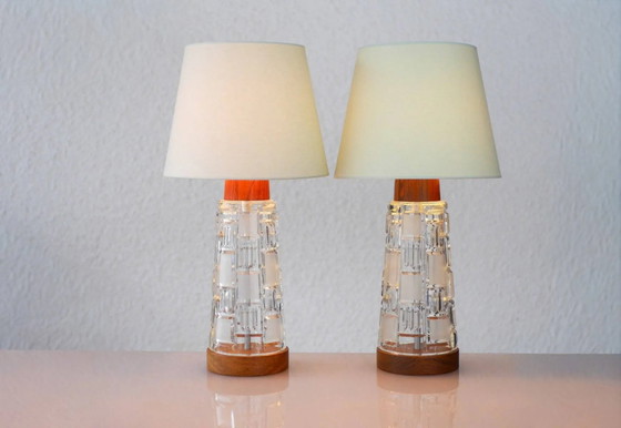 Image 1 of Mid-century modern Scandinavian teak and glass table lamps, set of 2