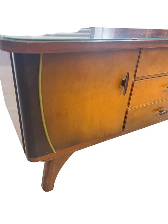 Image 1 of 50s wooden chest of drawers with brass band style elements, typical German Mid - Century design