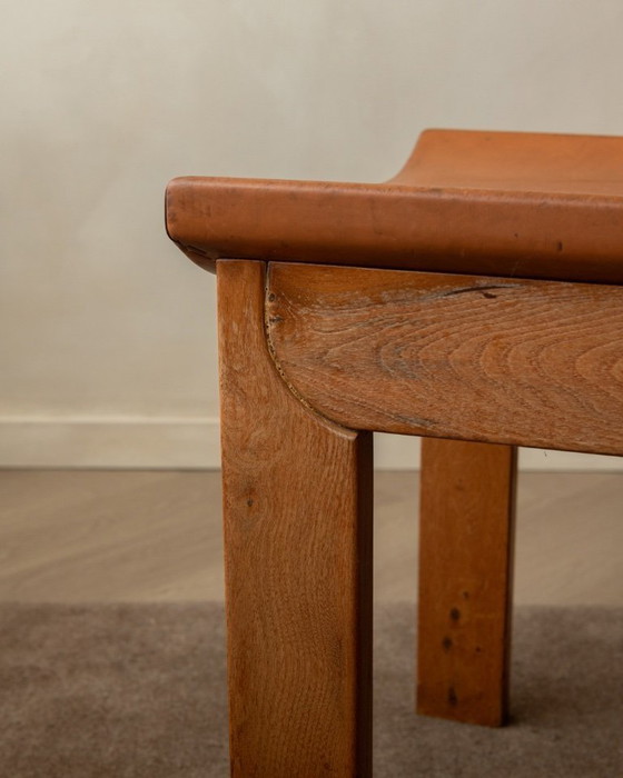 Image 1 of Brutalistische iep en lederen eetkamerstoelen van Giovanni Luigi Gorgoni voor Roche Bobois, jaren 70, set van 7