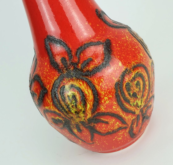 Image 1 of Bay Keramik 1960's 70's Vintage Vase Red Yellow Black Lava Pattern Model 67 30