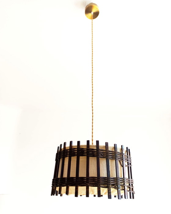 Image 1 of Lámpara colgante de madera y arpillera, 1970