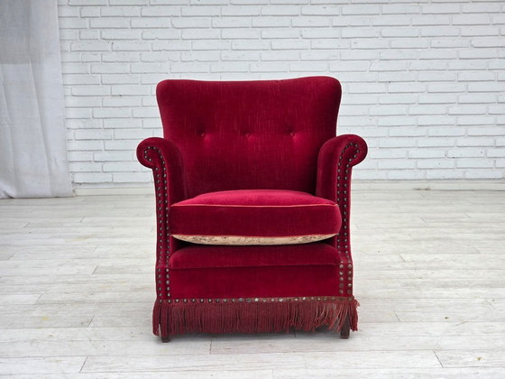 Image 1 of 1970s, Danish armchair, red furniture velour, ash wood.