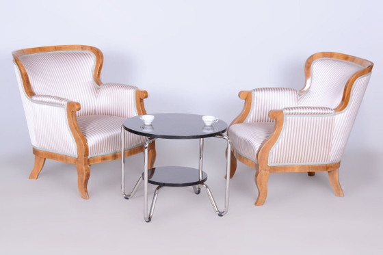 Set van twee gerestaureerde Biedermeier fauteuils, eiken-, sparren- en walnotenhout, Oostenrijk, jaren 1830 (photo 5 of 10)